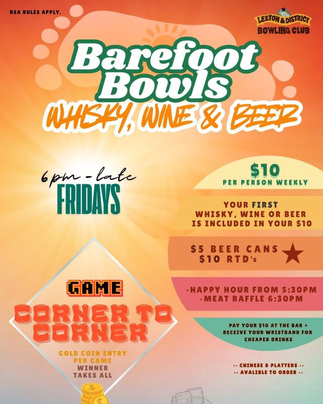 Featured image for “Friday Night Barefoot Bowls: $10 at Leeton Bowls”