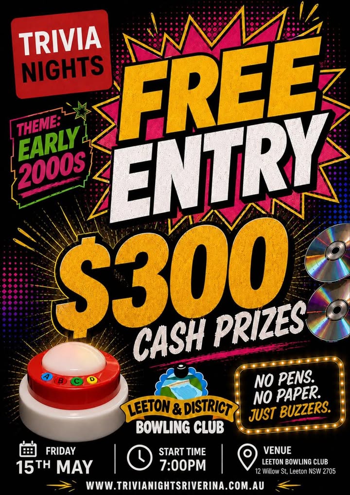 Featured image for “Early 2000s Trivia Night with Cash Prizes at Leeton Bowls”