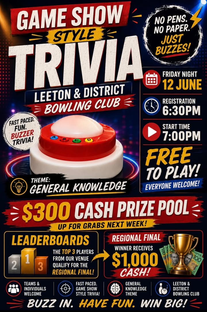 Featured image for “Game Show Style Buzzer Trivia This Friday at Leeton Bowls”