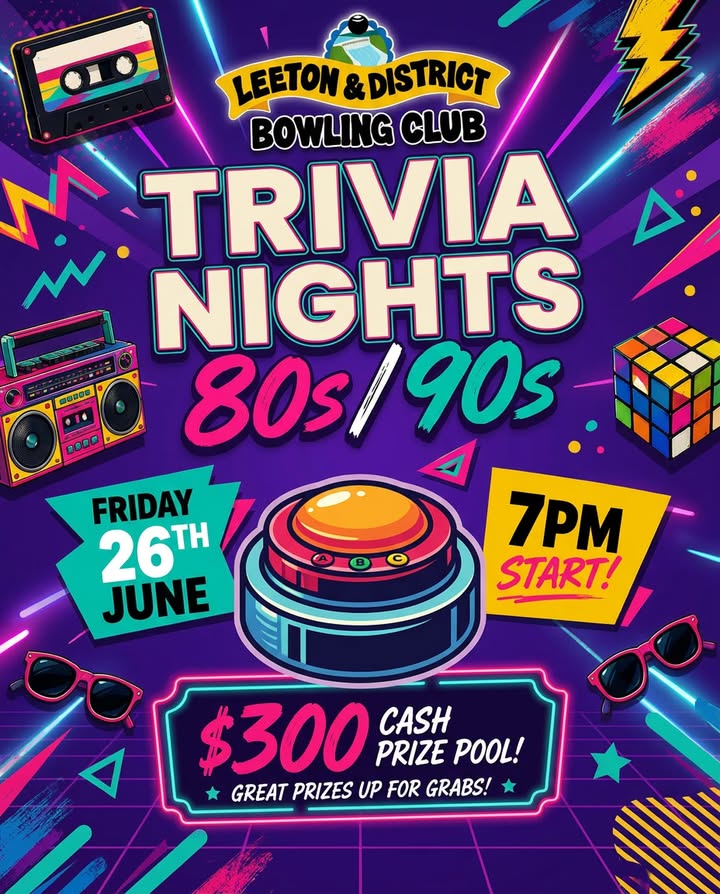 Featured image for “80s & 90s Trivia Night at Leeton Bowls – $300 Cash Prize”