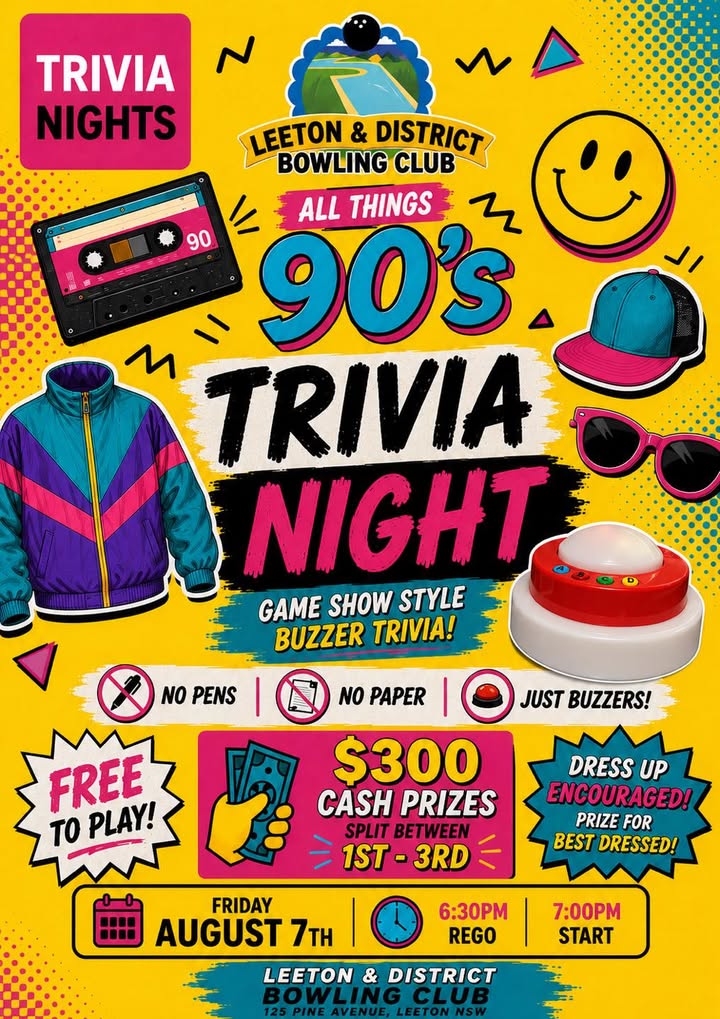 Featured image for “90s Trivia Night at Leeton Bowls – Free Entry, $300 Cash”