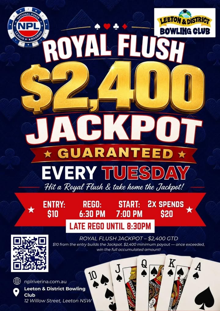 Featured image for “$2,400 Royal Flush Jackpot Every Tuesday at Leeton Bowls”