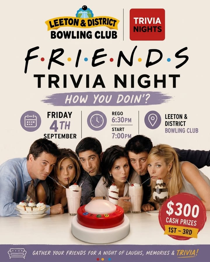 Featured image for “Friends-Themed Trivia Night at Leeton Bowls This Friday”