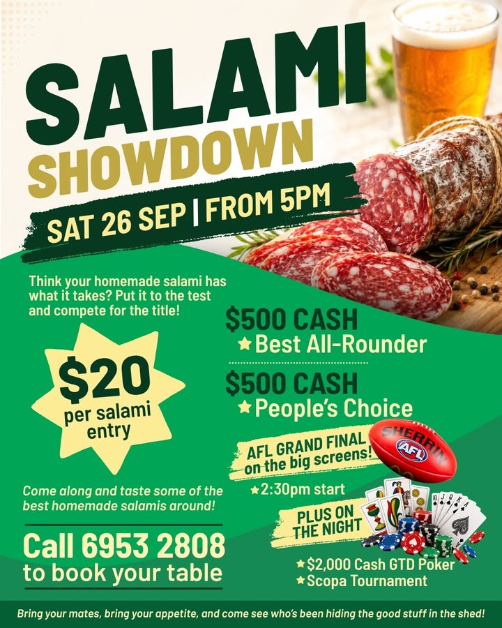 Featured image for “Salami Showdown & AFL Grand Final Night at Leeton Bowls”