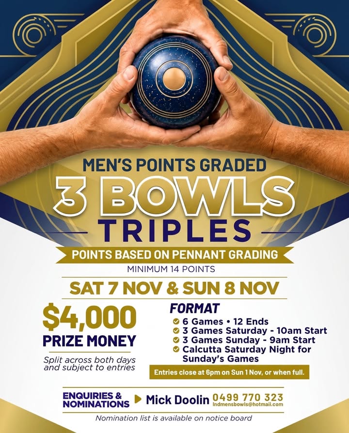Featured image for “Men’s Points Graded 3 Bowls Triples at Leeton Bowls”